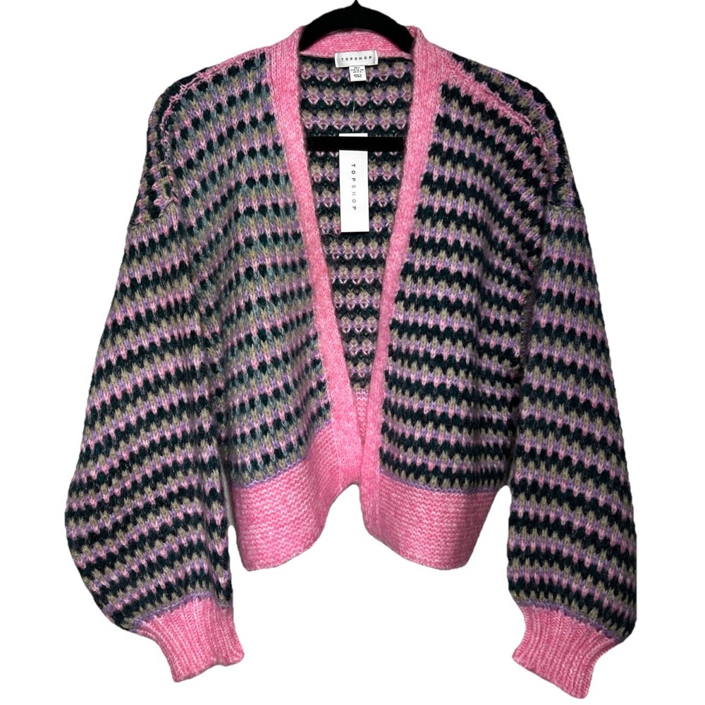 TopShop‎ Knitted Stitchy Colorful Cardi Pink Boxy Balloon Sleeve US Sz 4-6 NWT